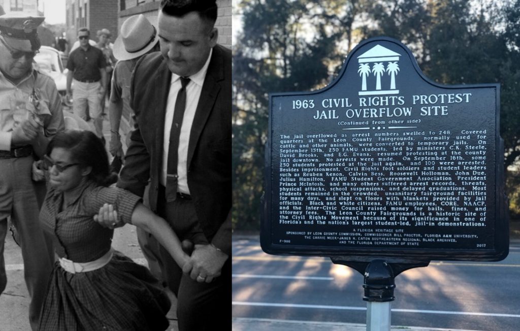 Florida Memory. (May 30, 1963). Patricia Stephens Due being arrested after defying restraining order with others at the State Theatre in Tallahassee. Image 2, 1963 Civil Rights Protest Jail Overflow Site Historic Marker.
