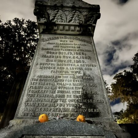 Guided ghost tour group walking through downtown Tallahassee at night