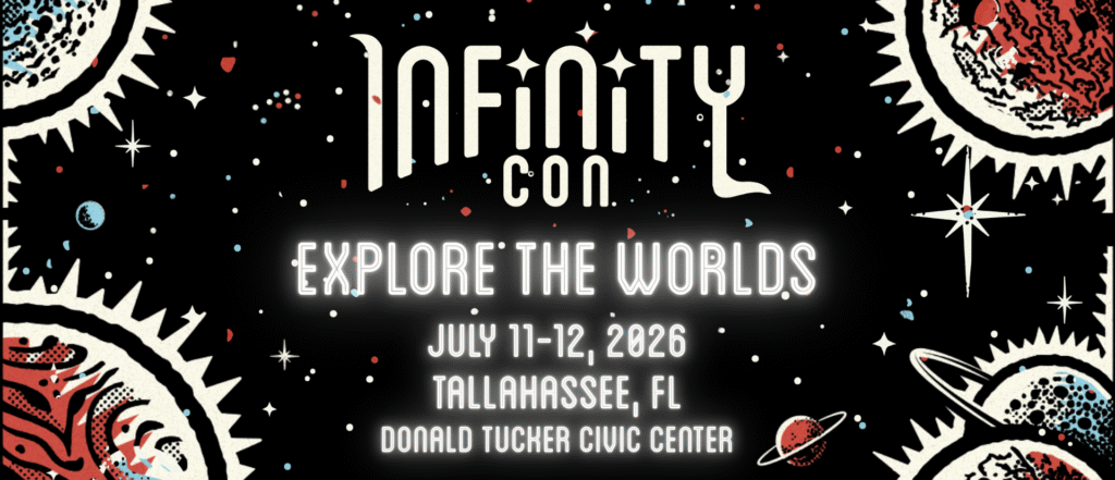 Infinity Con event banner promoting a popular Tallahassee anime convention and pop culture event in Tallahassee, Florida.