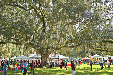 Families enjoying food and games at a fall festival in Tallahassee