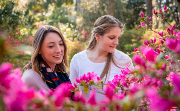 couple looking at blooming flowers at maclay gardens