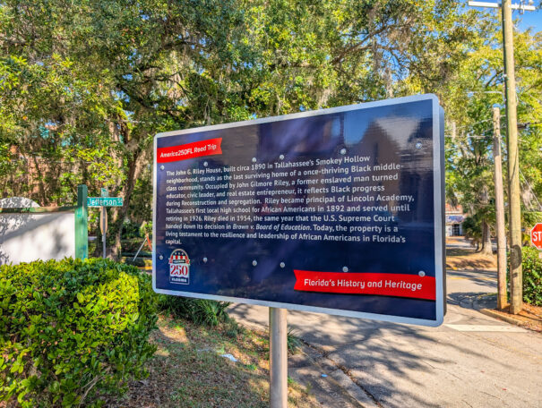 America 250 tour historical marker outside the John G. Riley House in the Florida capital city, highlighting Tallahassee's role in the nation's story.